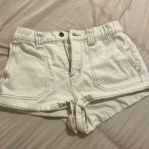 Pacsun White Denim Jean Shorts Cream Rolled Brown Stitch High Rise Cargo Mini